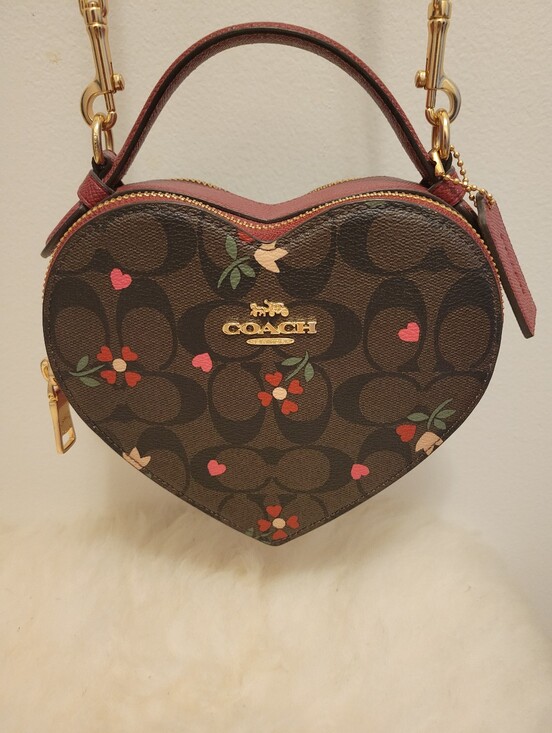 Coach Handbags - Coach Heart-Shaped Signature Canvas Mini Crossbody in Brown with Pink Accents